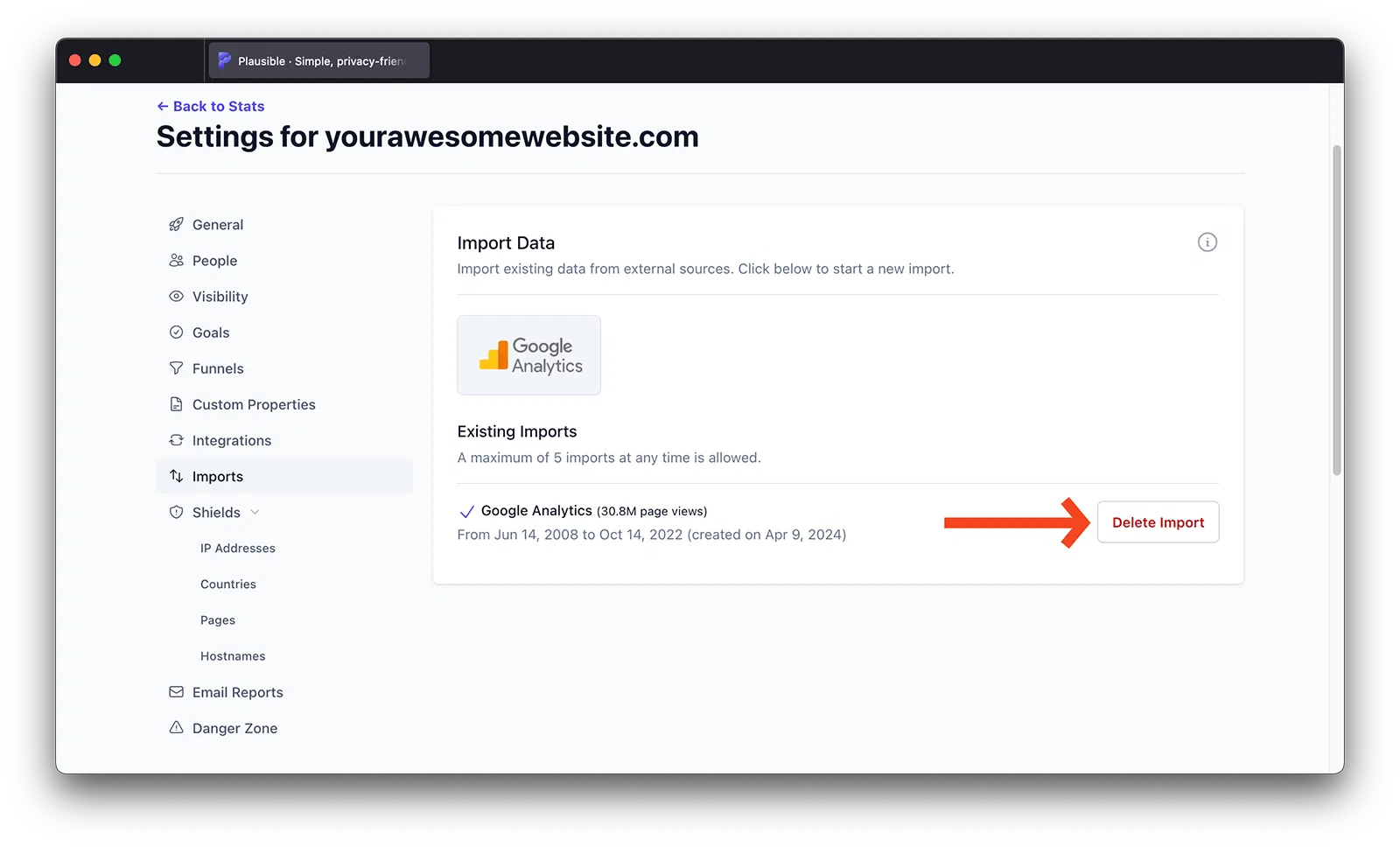Delete Google Analytics data from Plausible
