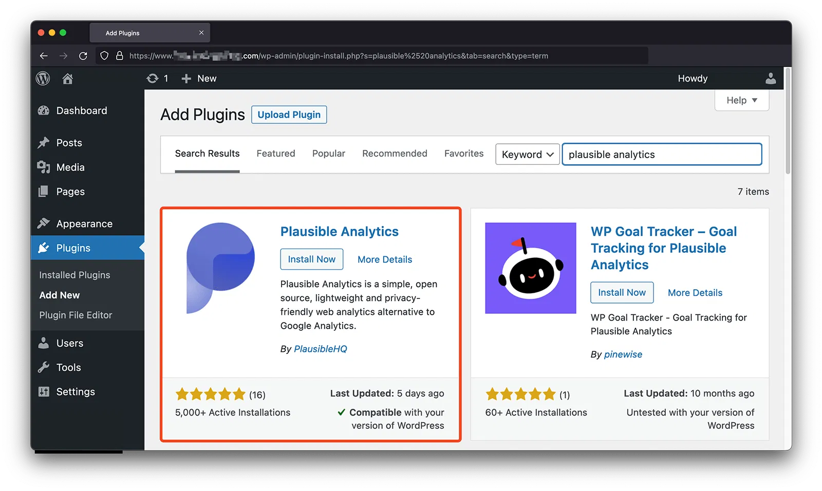 Search and install the "Plausible Analytics" WordPress plugin